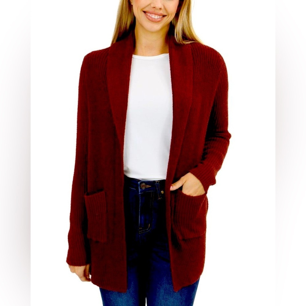 Fossil wool cashmere blend Burgundy Open-Front Cardigan oversized chunky knit